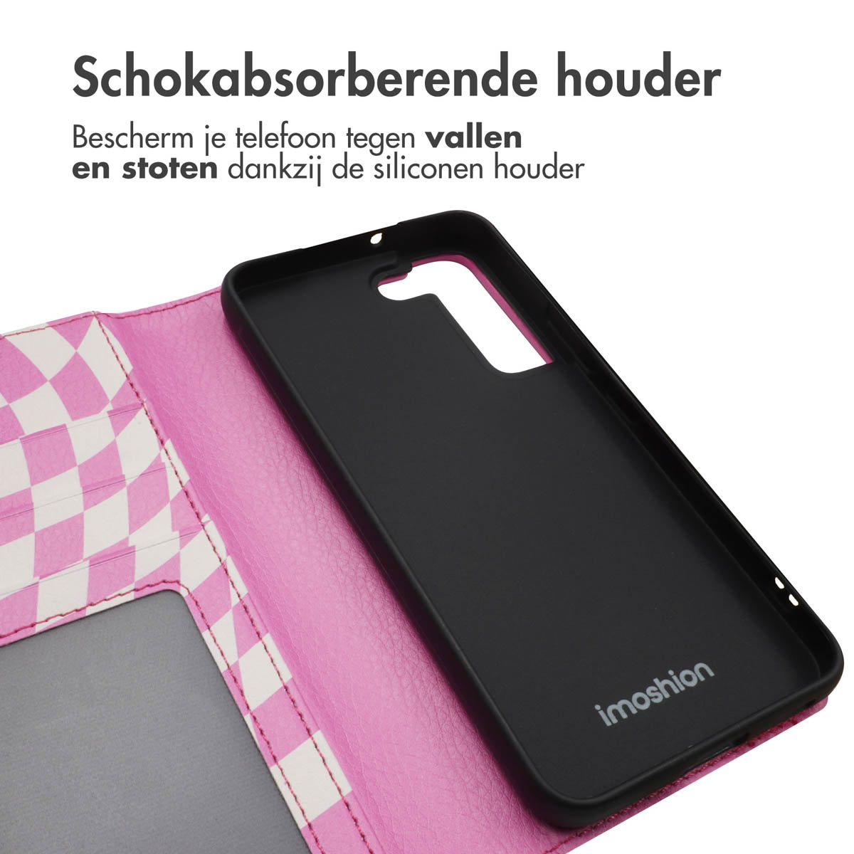 Étui de téléphone ouvert avec motif damier rose et blanc. L'étui est noir à l'intérieur.