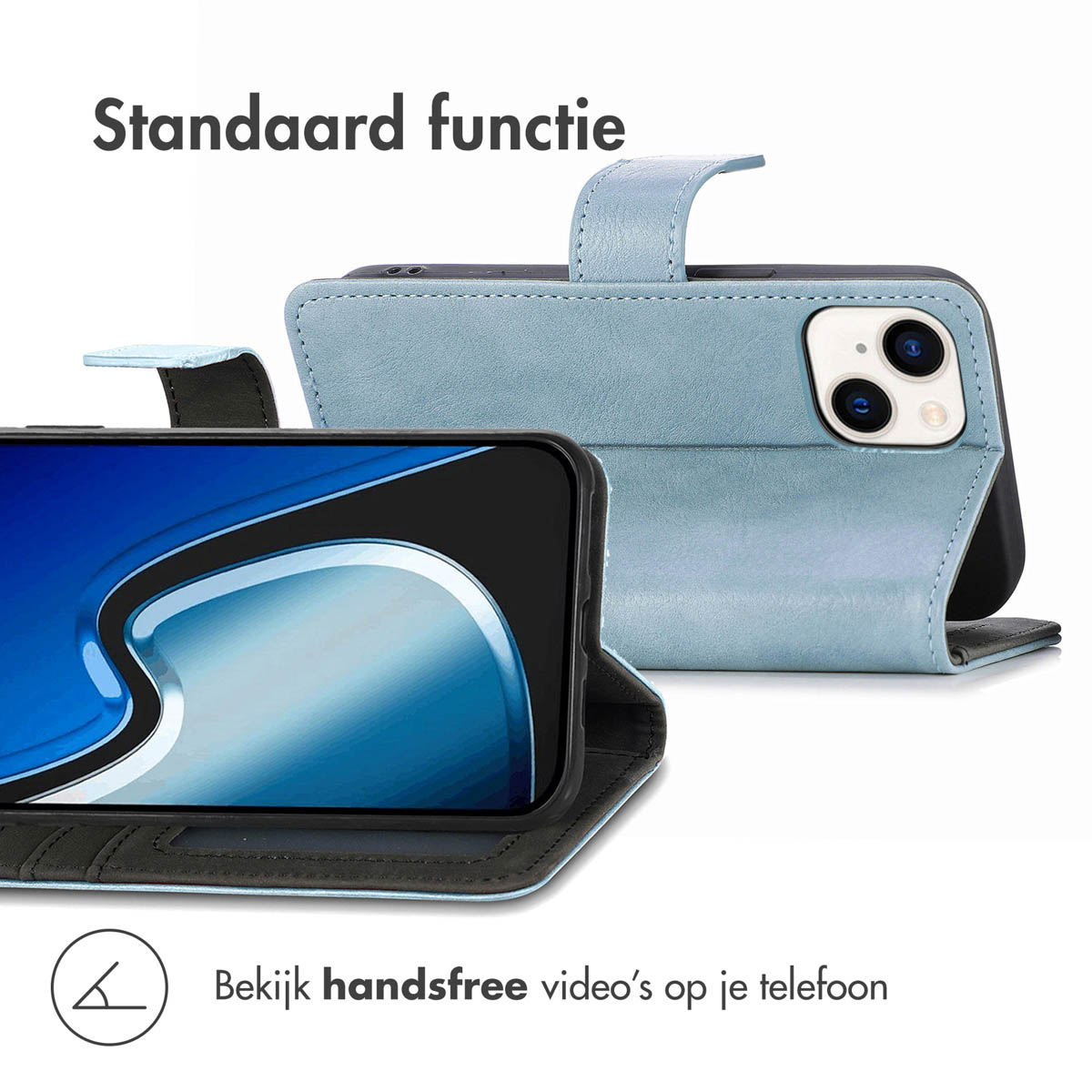 Blauwe telefoonhoes, telefoon in gebruik. Tekst: Standaard functie, bekijk handsfree video's.