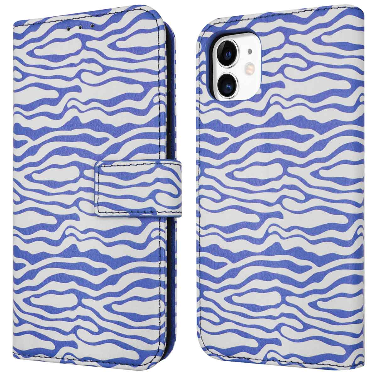 Blauw en wit zebrapatroon op een open telefoonhoesje. Telefoon is zichtbaar aan de rechterkant.