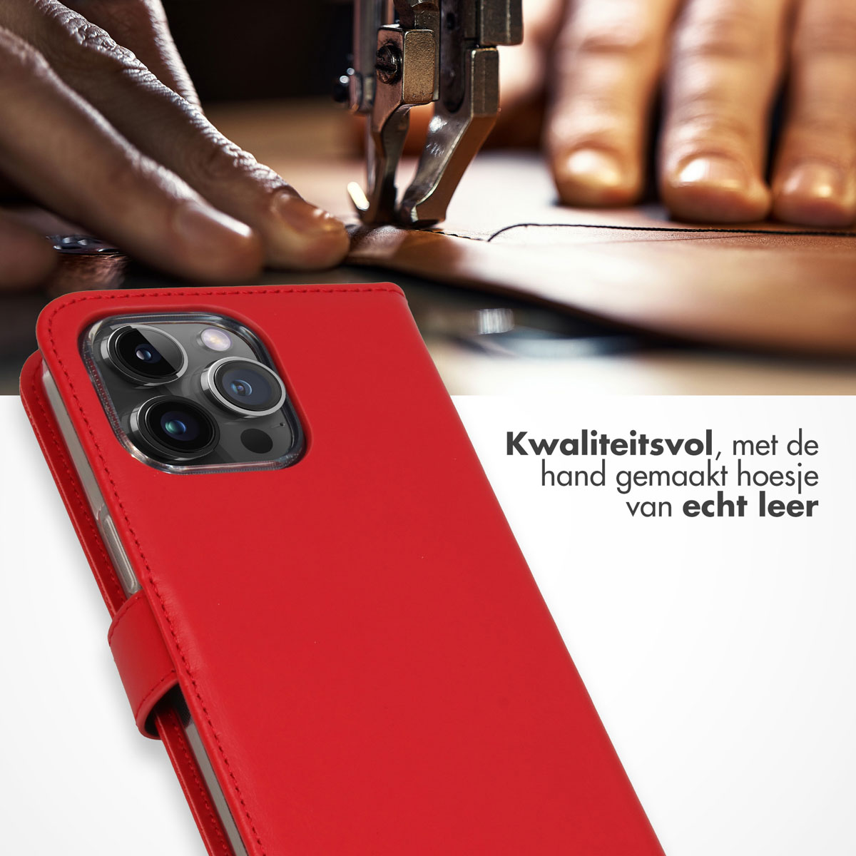 SELENCIA Echt Lederen Bookcase - Geschikt voor Apple iPhone 15 Pro Max - Telefoonhoesje voor Apple iPhone 15 Pro Max Rood