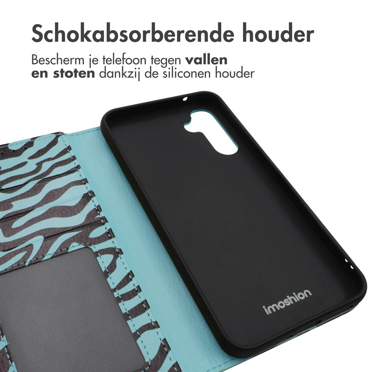 Coque de téléphone noire, ouverte, avec un téléphone noir. L'étui a un imprimé zébré bleu.