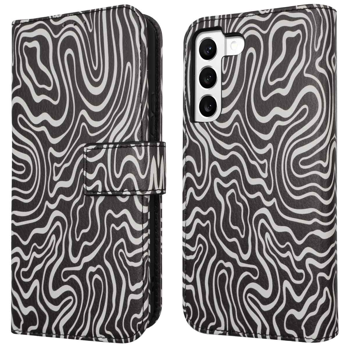 Coque de téléphone à motifs noir et blanc, ouverte et fermée. Design tourbillonnant avec fermoir.