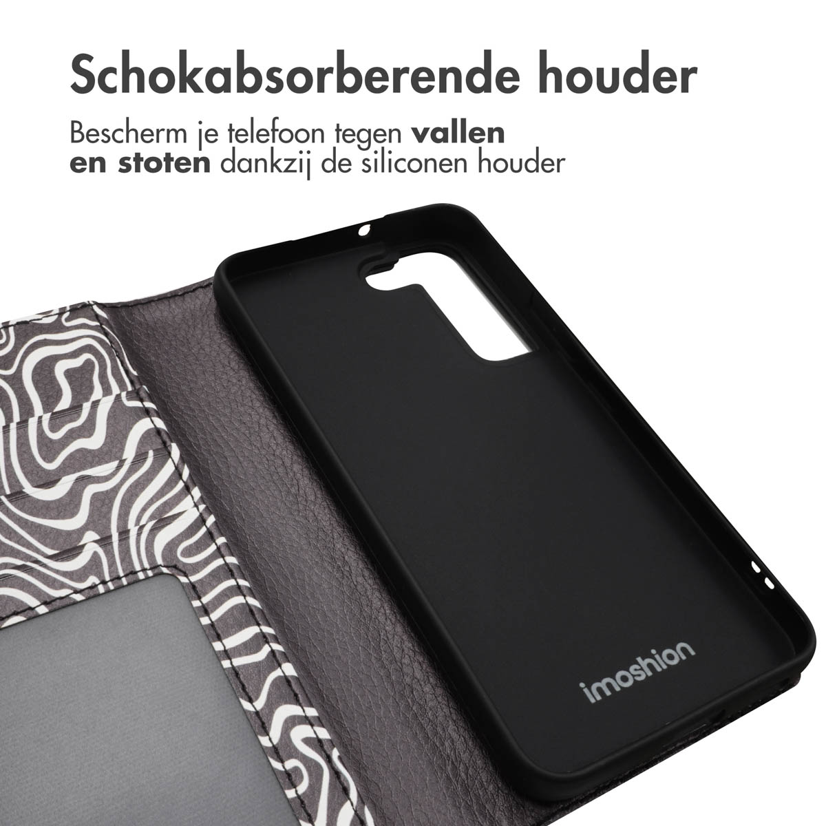 Coque de téléphone noire avec motif zébré. Ouverte, un téléphone noir à l'intérieur. Design durable.