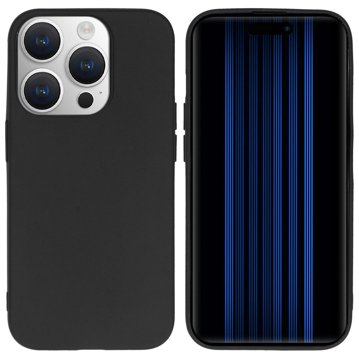 Twee telefoons, één toont de achterkant, één met blauwe lijnen op het scherm.