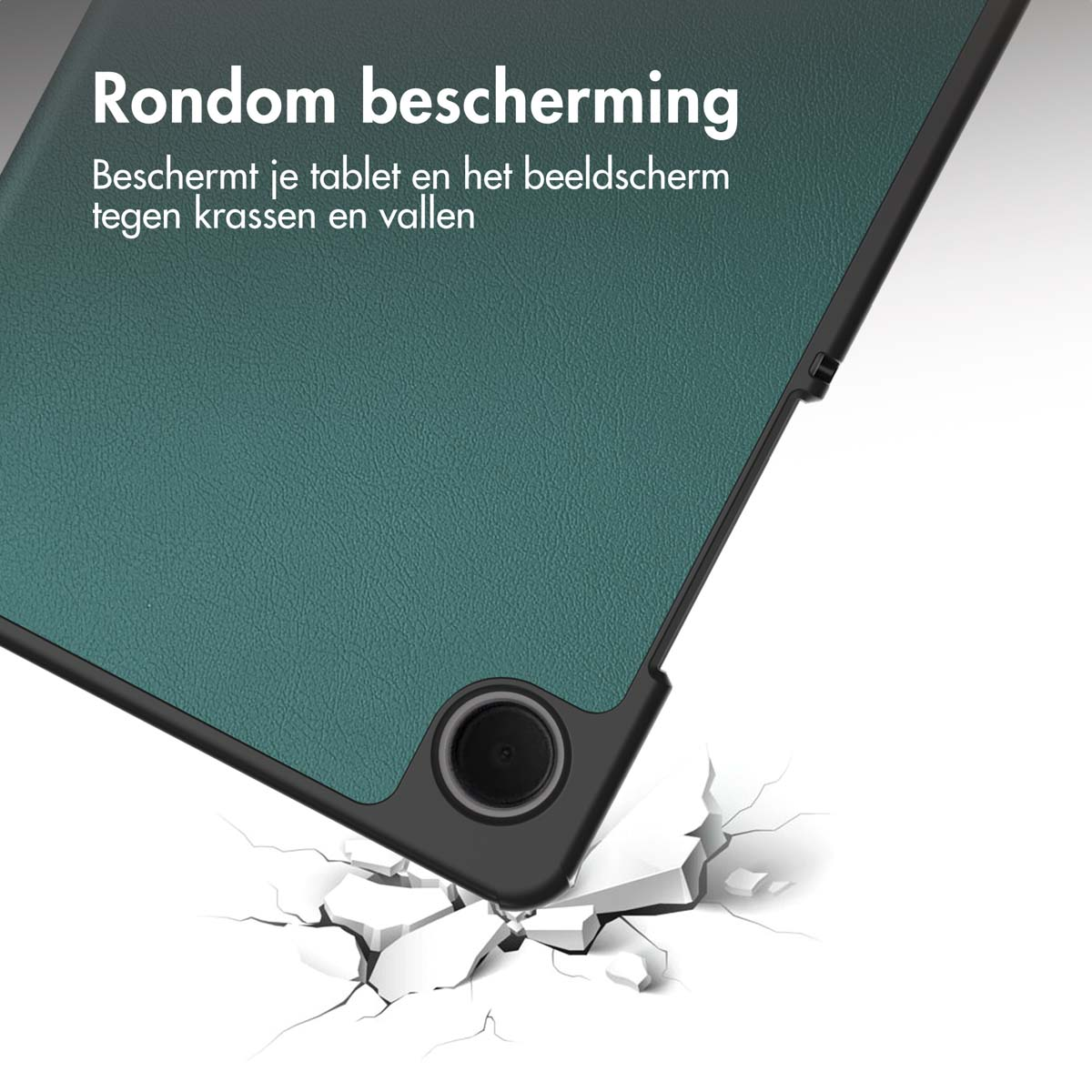 Tablet in grünem Gehäuse, mit Text 'Rondom bescherming' und gebrochenem Boden.