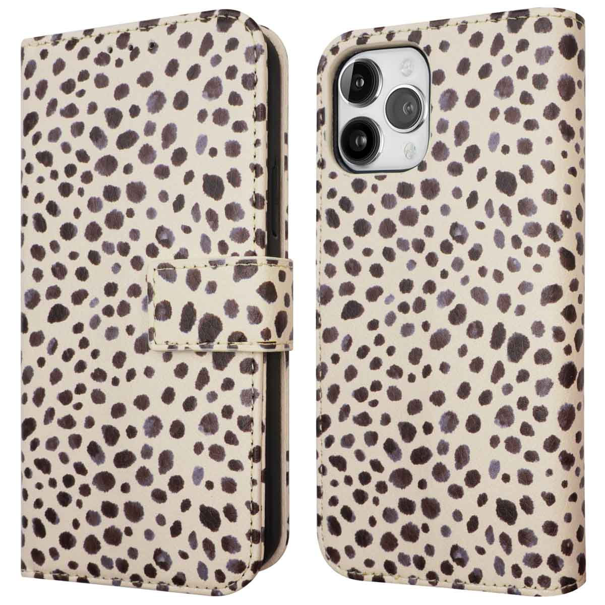 Telefoonhoesje met een stippenpatroon, open en dicht.