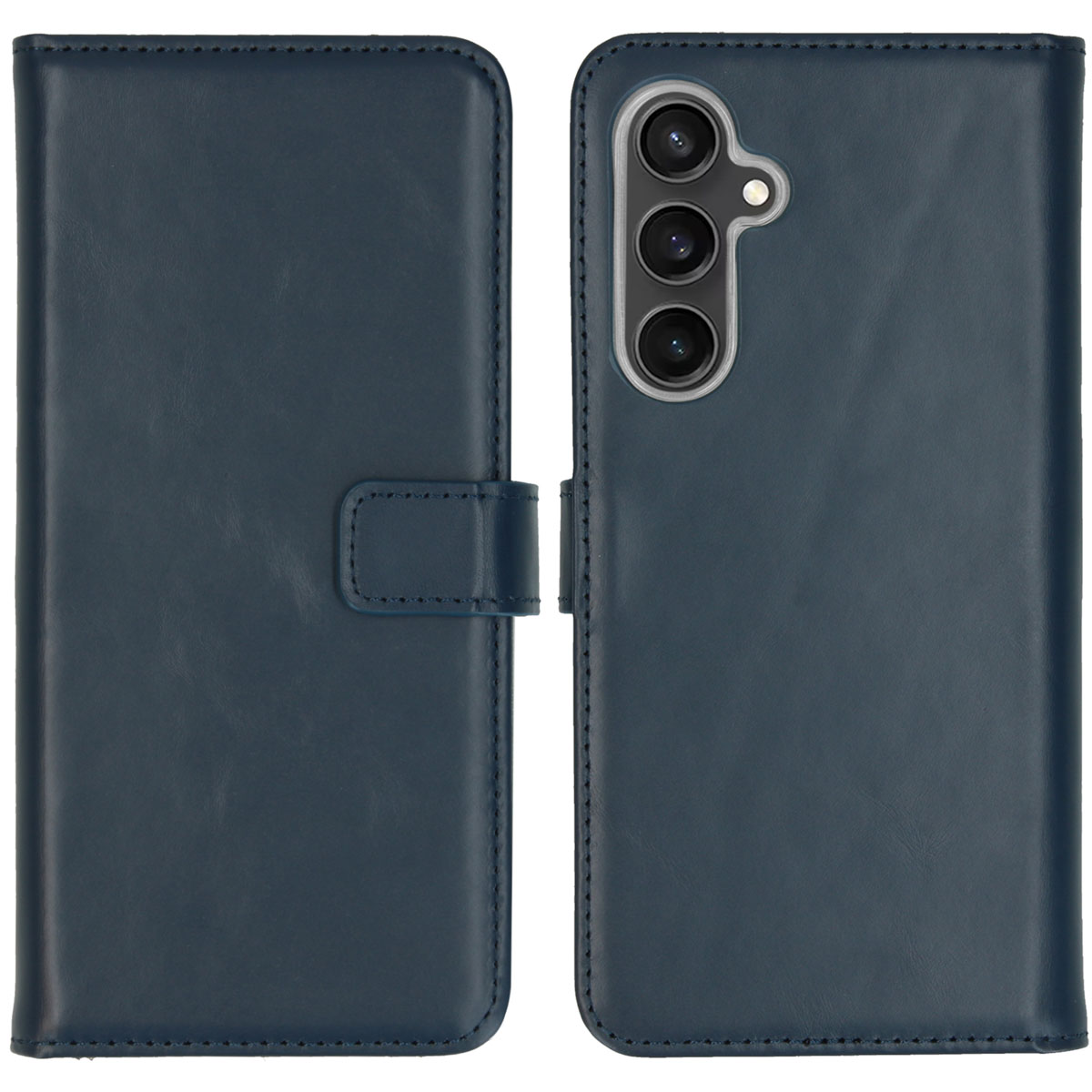Coque de téléphone bleu foncé fermée. La coque est fermée. Le téléphone n'est pas visible.