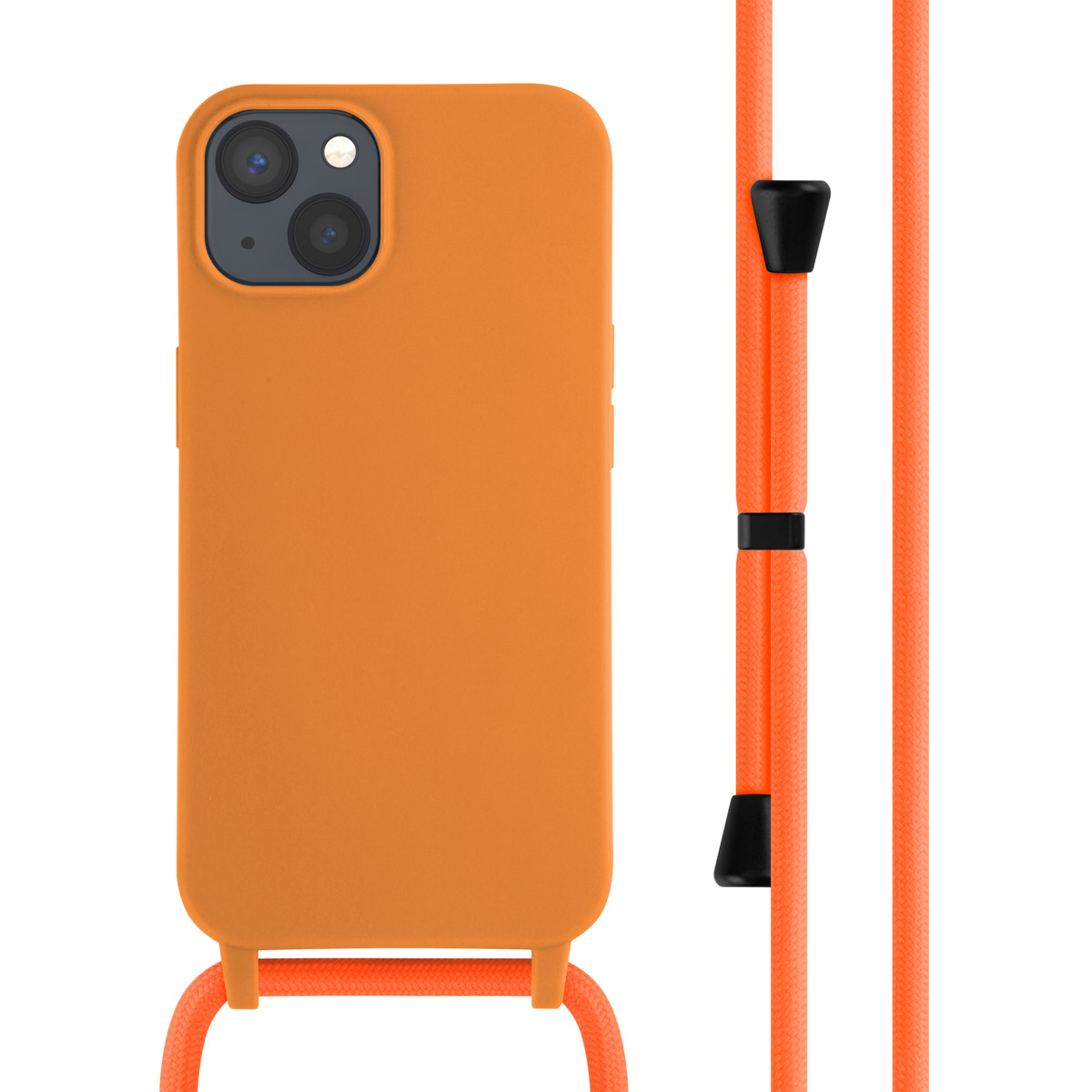 Oranje telefoonhoes met een bijpassende riem. De telefoonhoes staat op een witte achtergrond.