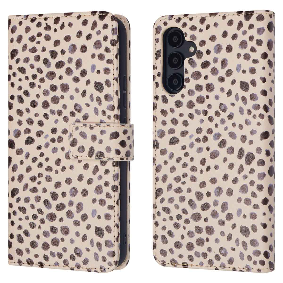 Coque de téléphone avec imprimé léopard. Ouverte, montrant l'intérieur. Publicité du produit.