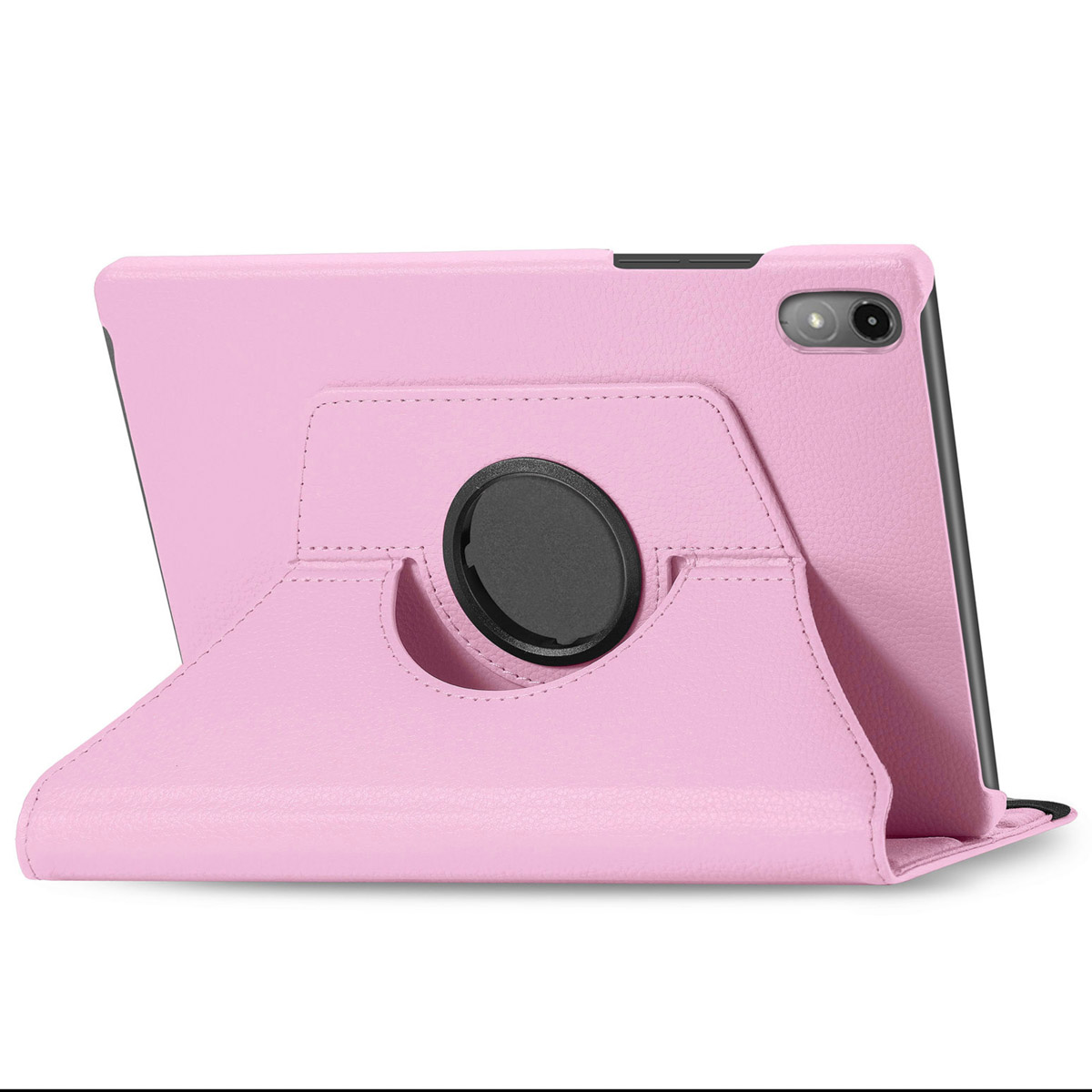 Roze tablethoes, met een draaibare standaard.