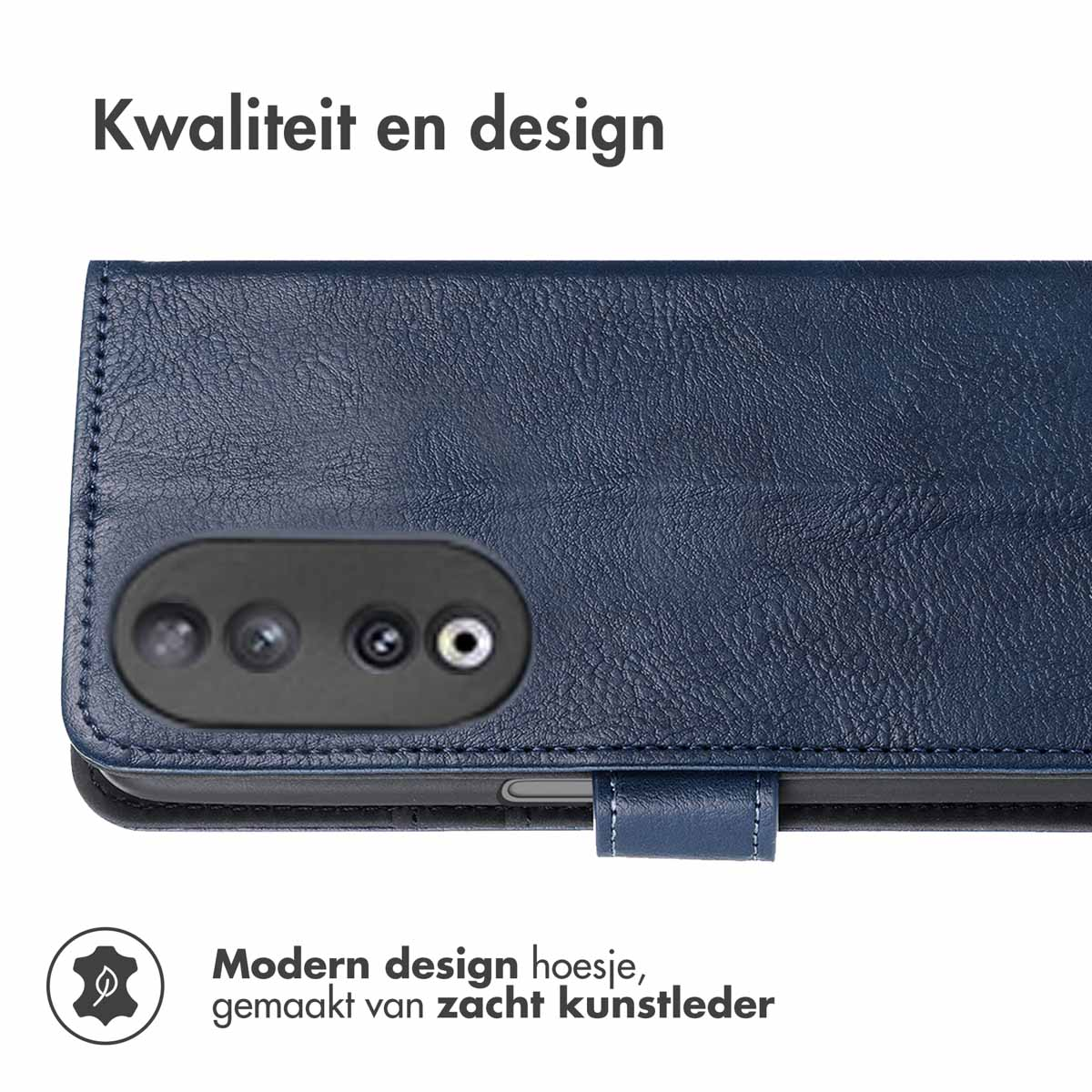 Una custodia per telefono in pelle blu con un ritaglio per la fotocamera. Il telefono è racchiuso.
