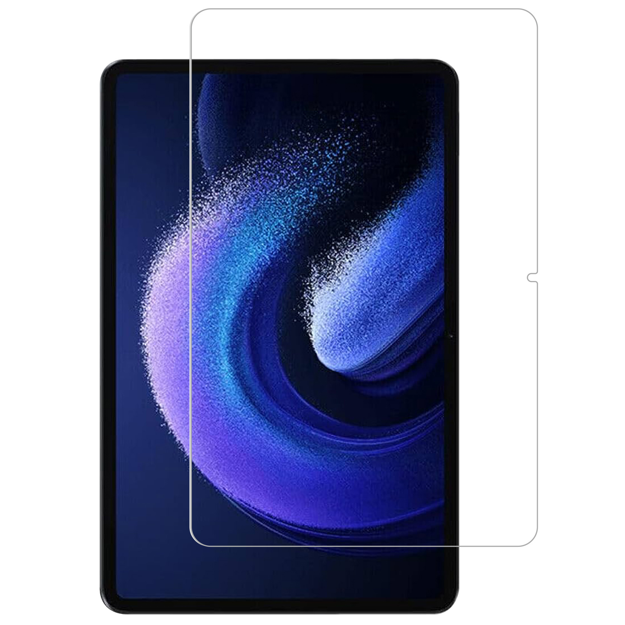 Un tablet con una protezione per lo schermo parzialmente applicata. Il tablet è scuro, la protezione trasparente.