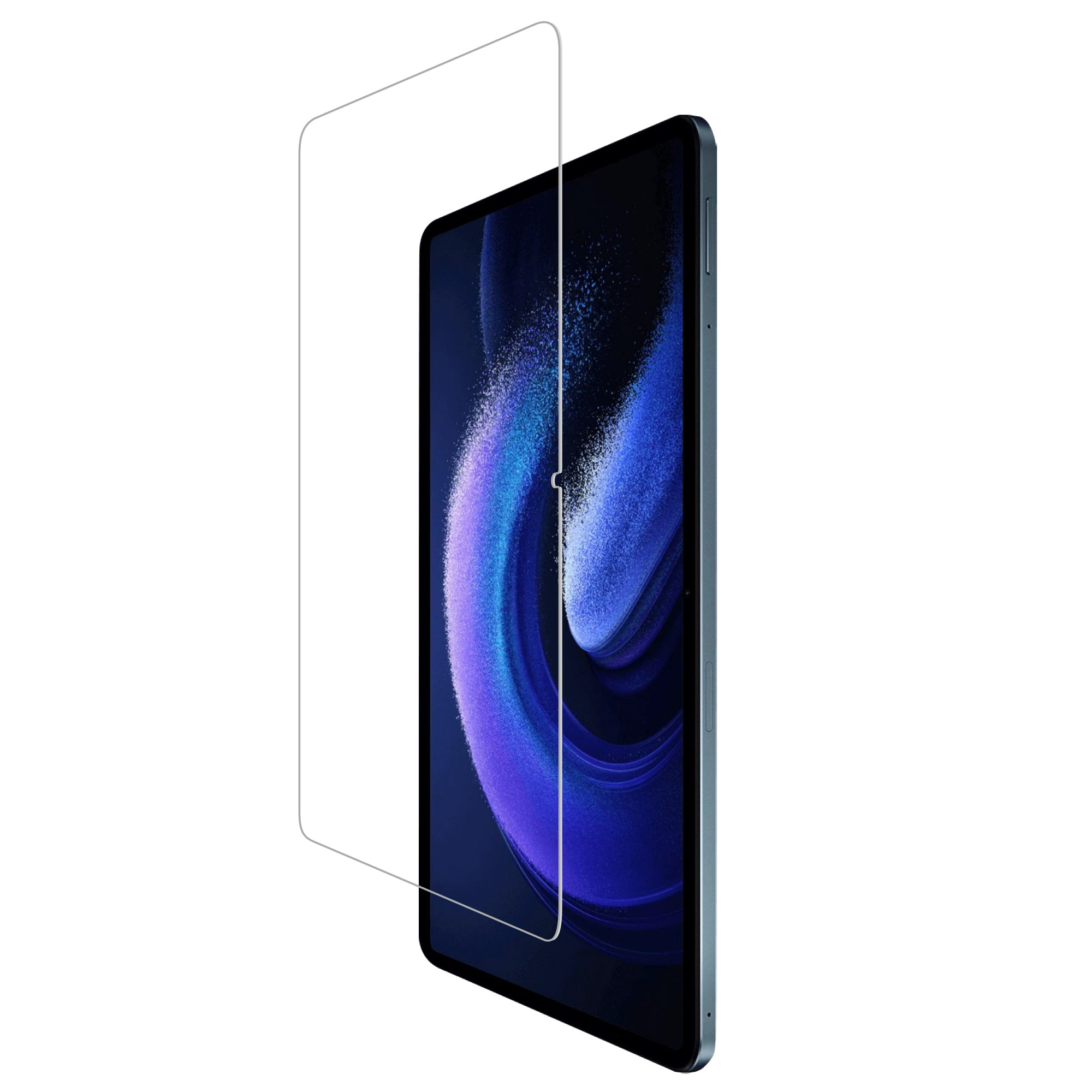 Una protezione per lo schermo trasparente è posizionata sul tablet, lo schermo è visibile.