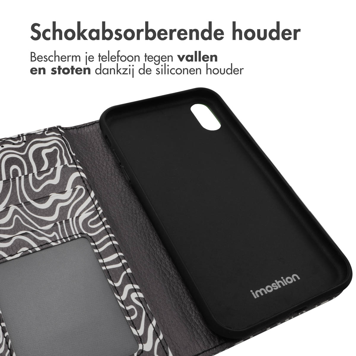 Coque de téléphone noire avec un motif tourbillon à l'intérieur. La coque protège le téléphone des chutes et des chocs.