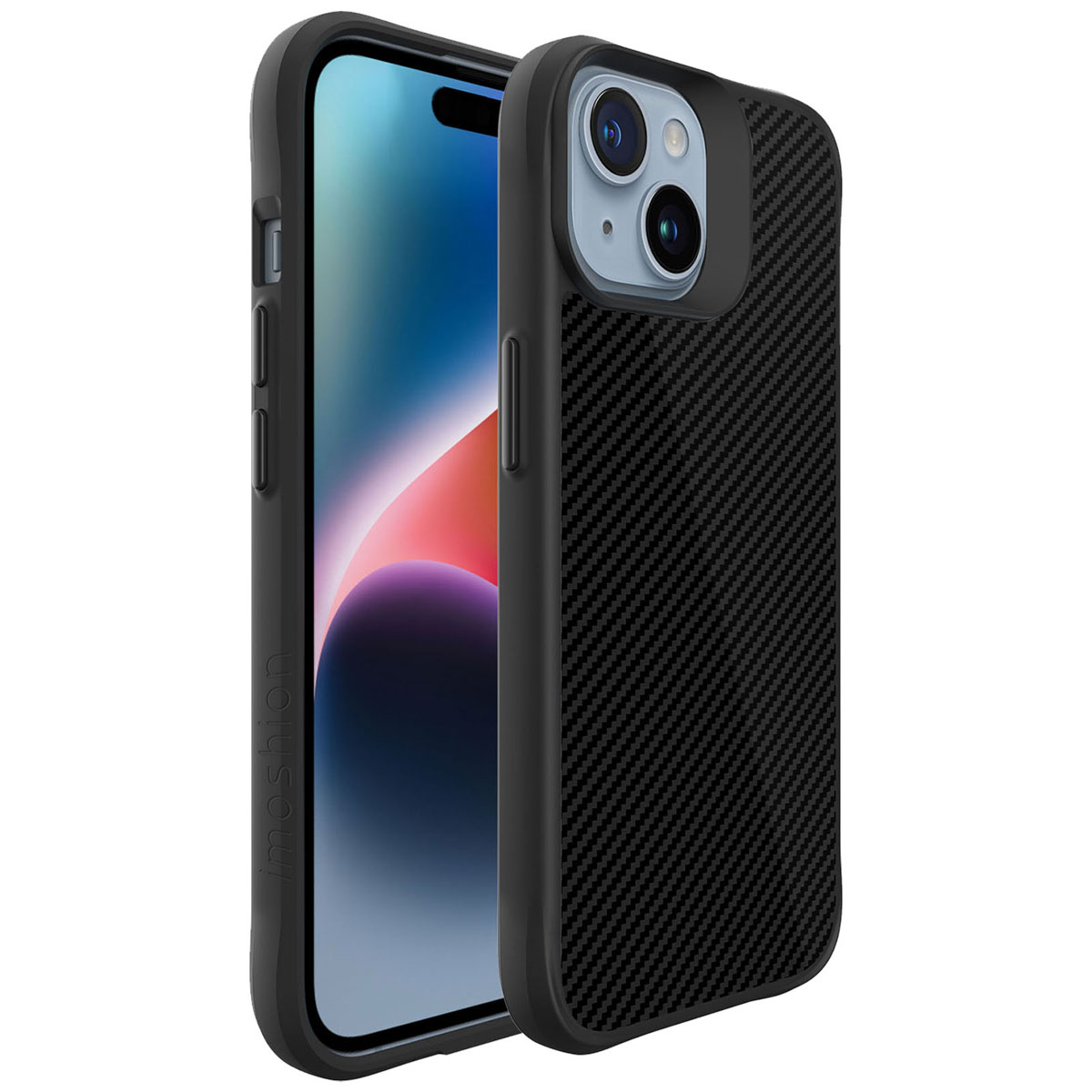 Coque de téléphone noire avec texture fibre de carbone et un téléphone à l'intérieur. Le téléphone a une caméra.