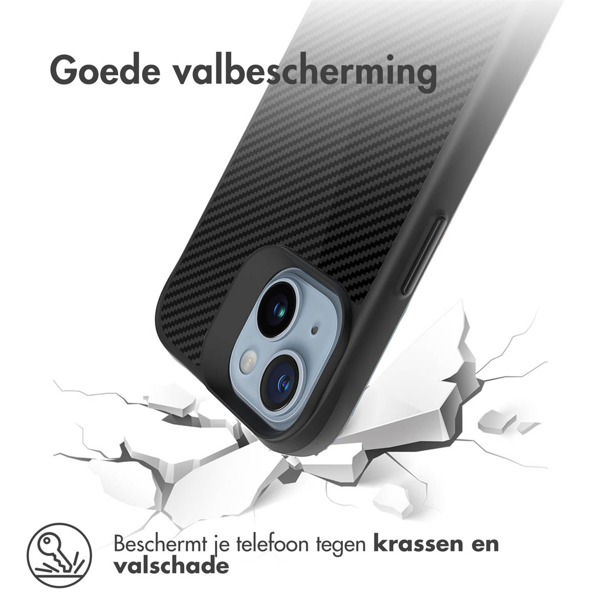 Téléphone dans un étui noir, fissures au sol, montrant la protection.