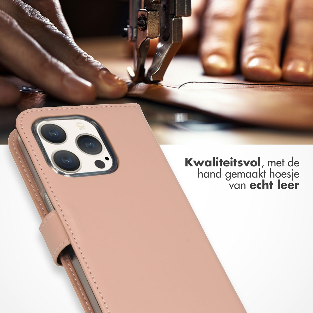 Person näht Leder. Rosa Handyhülle im Vordergrund.