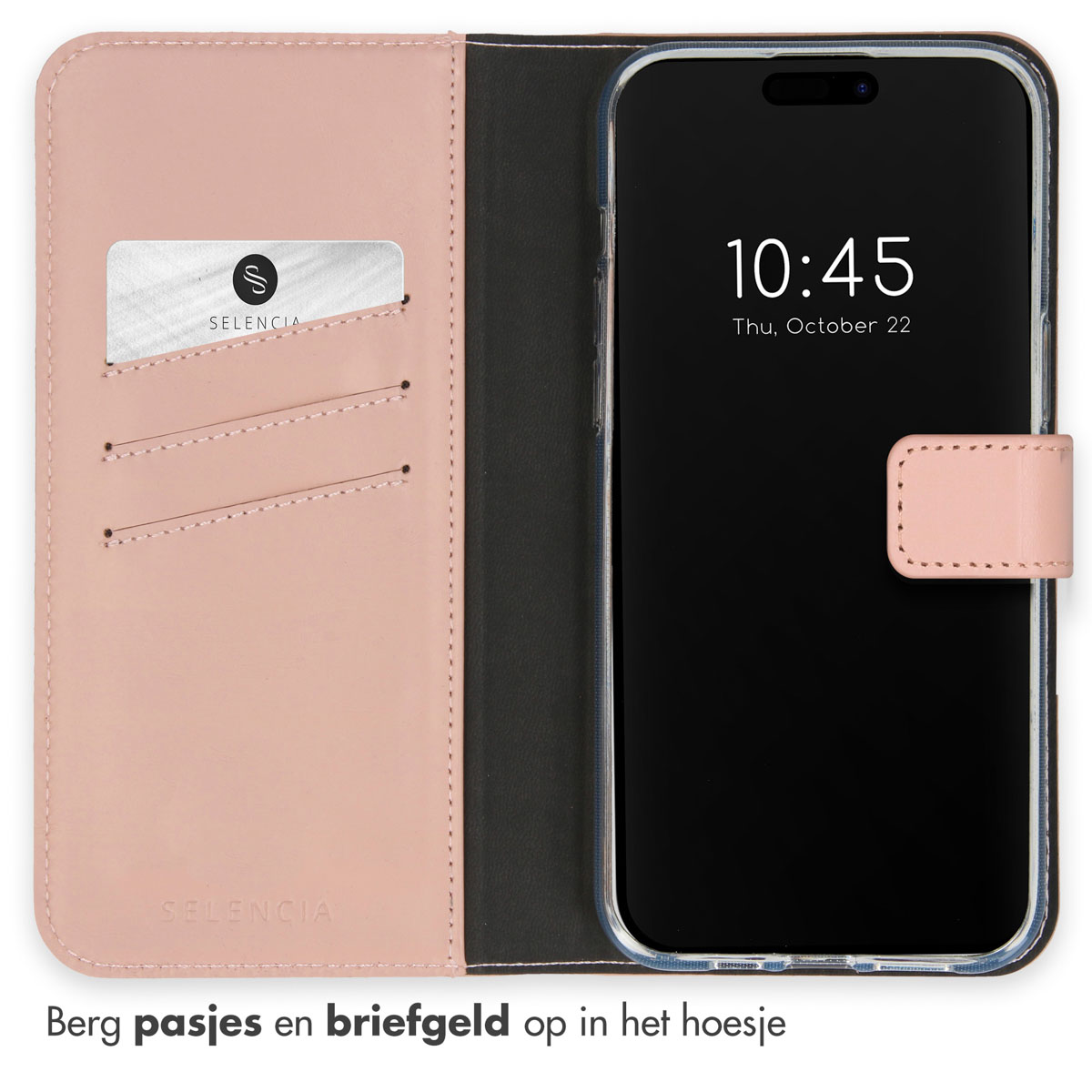 Rosafarbene Handyhülle geöffnet, zeigt ein Telefon mit der Uhrzeit 10:45. Es gibt Kartenfächer.