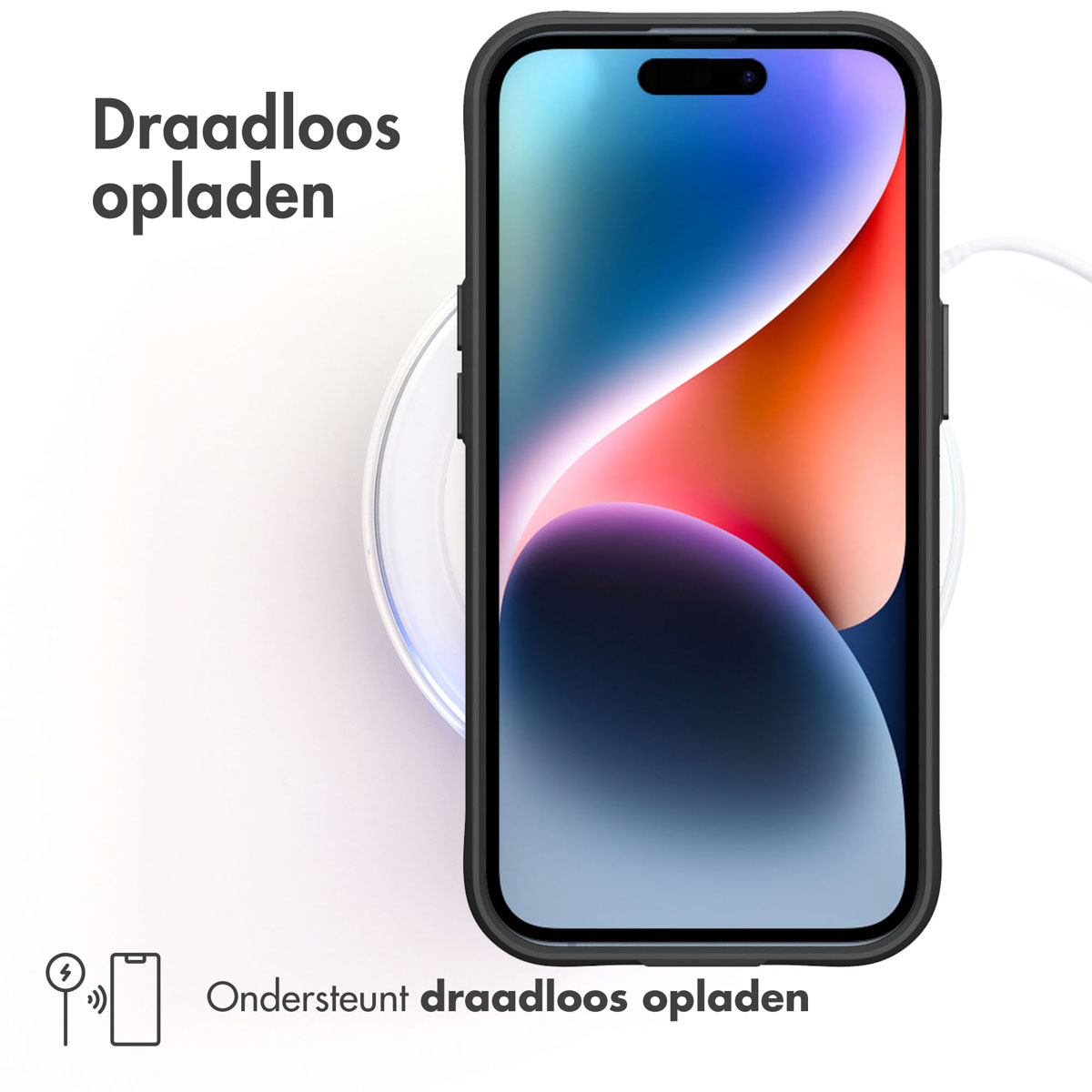 Téléphone sur chargeur sans fil. Texte: Recharge sans fil prise en charge.
