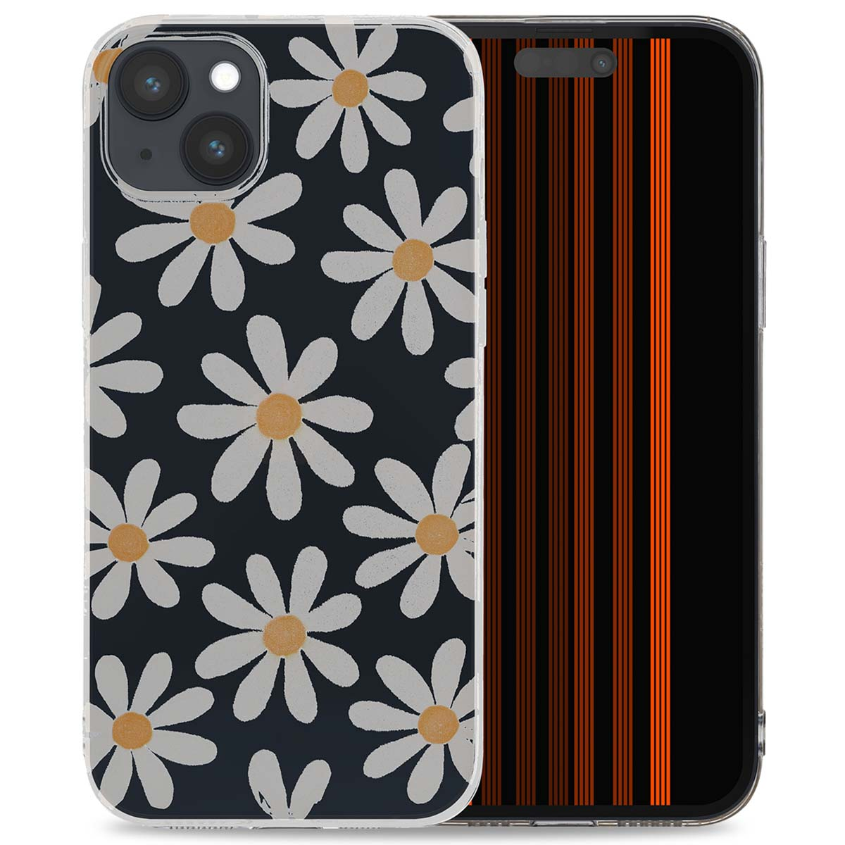 Coque de téléphone avec marguerites blanches sur fond noir. Écran avec rayures oranges.