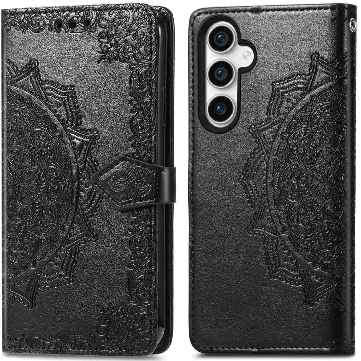 Twee zwarte leren telefoonhoesjes open en dicht. Elke hoes heeft een sierlijk mandala-ontwerp.