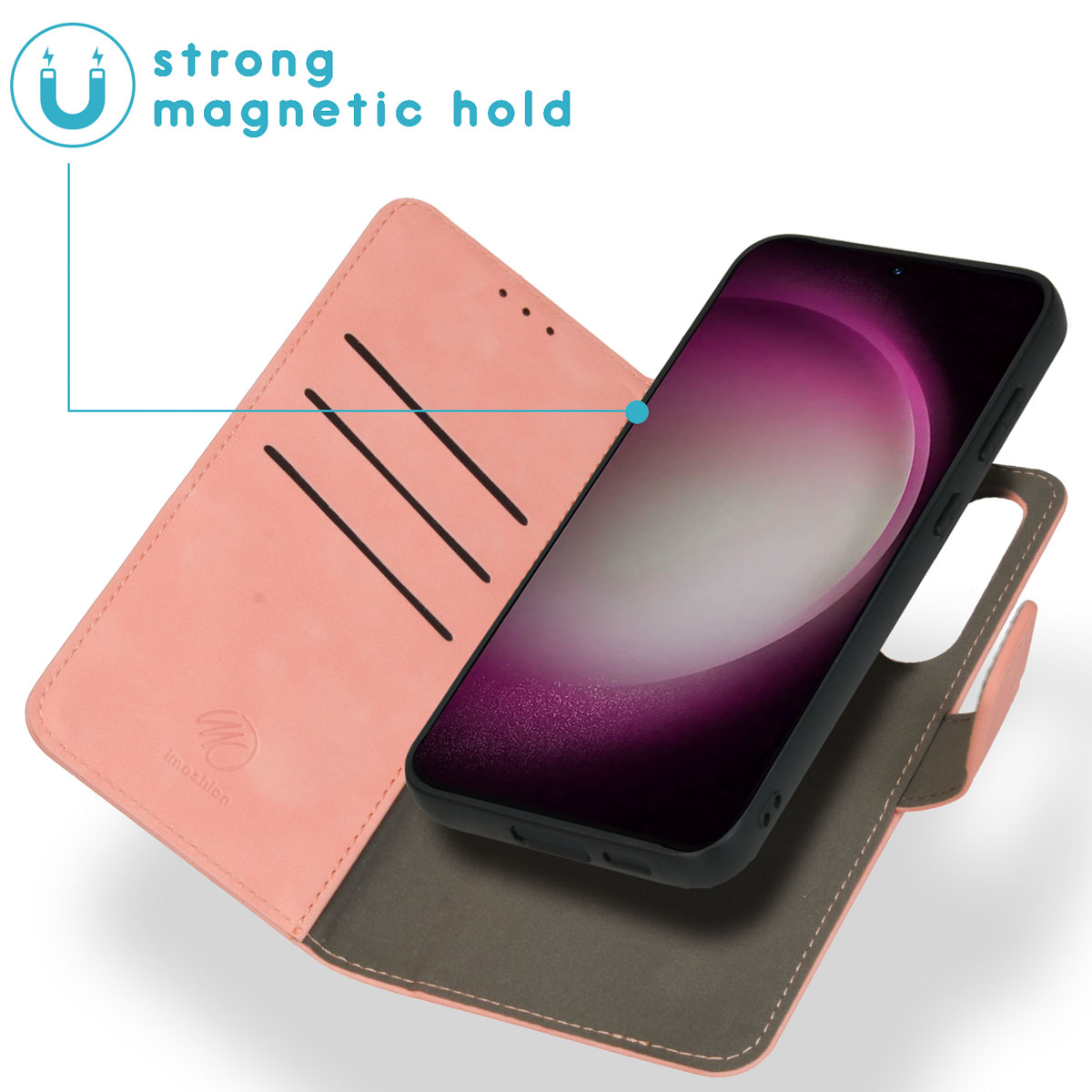 Roze telefoonhoesje met portemonnee-stijl, een telefoon is ingevoegd. Tekst: 'sterke magnetische grip'.