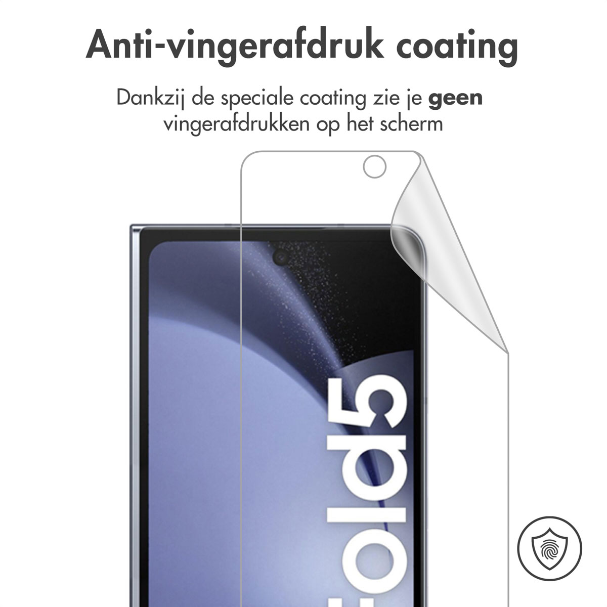 Schermbeschermer wordt van een telefoonscherm getrokken. Tekst: Anti-vingerafdruk coating.