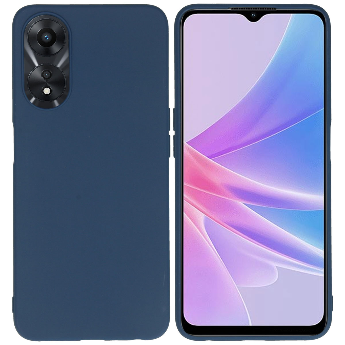 Un étui de téléphone bleu foncé et un téléphone, côte à côte. Le téléphone a un écran et une caméra.