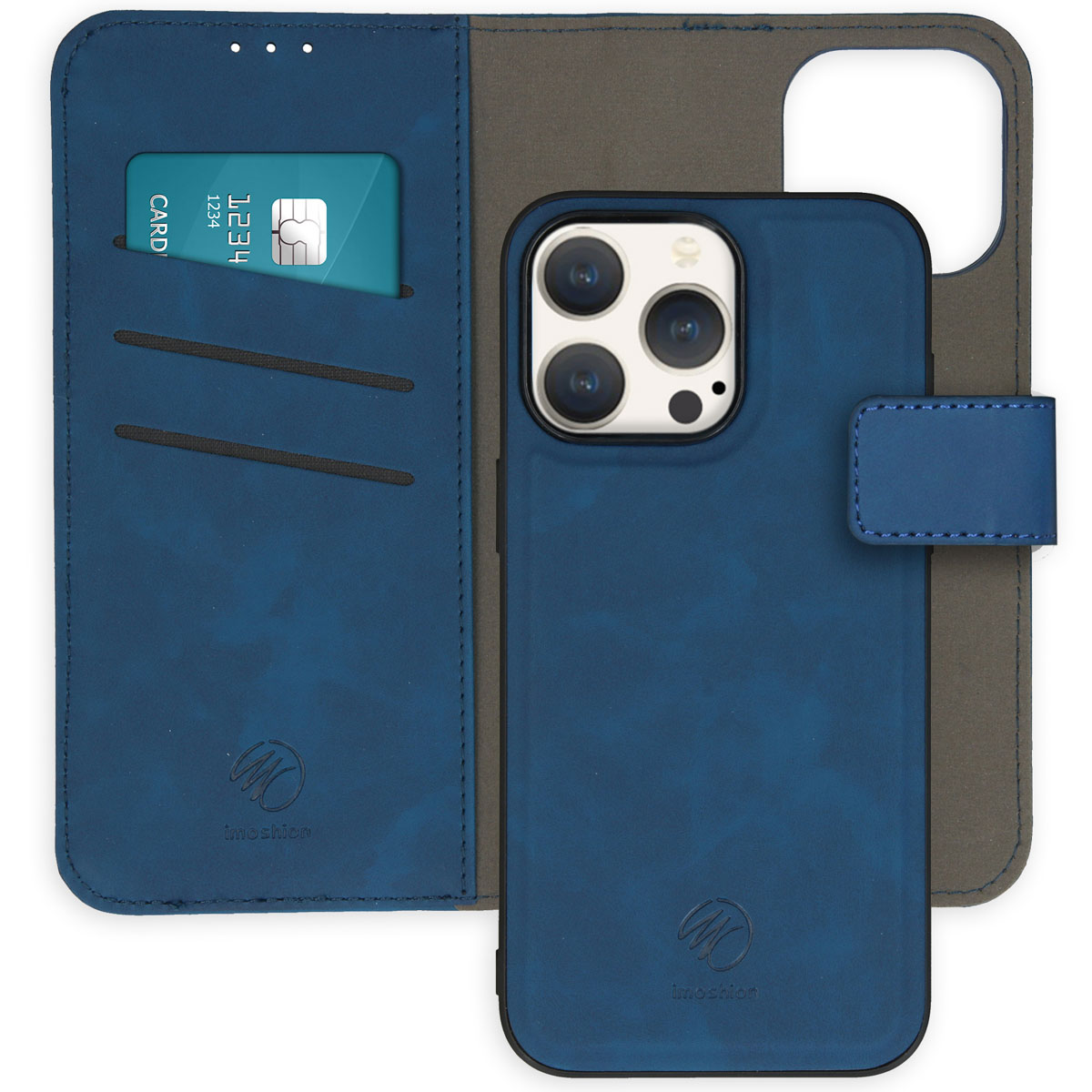 Un étui de téléphone bleu ouvert, montrant un téléphone. L'étui a des fentes pour cartes et une fermeture magnétique.