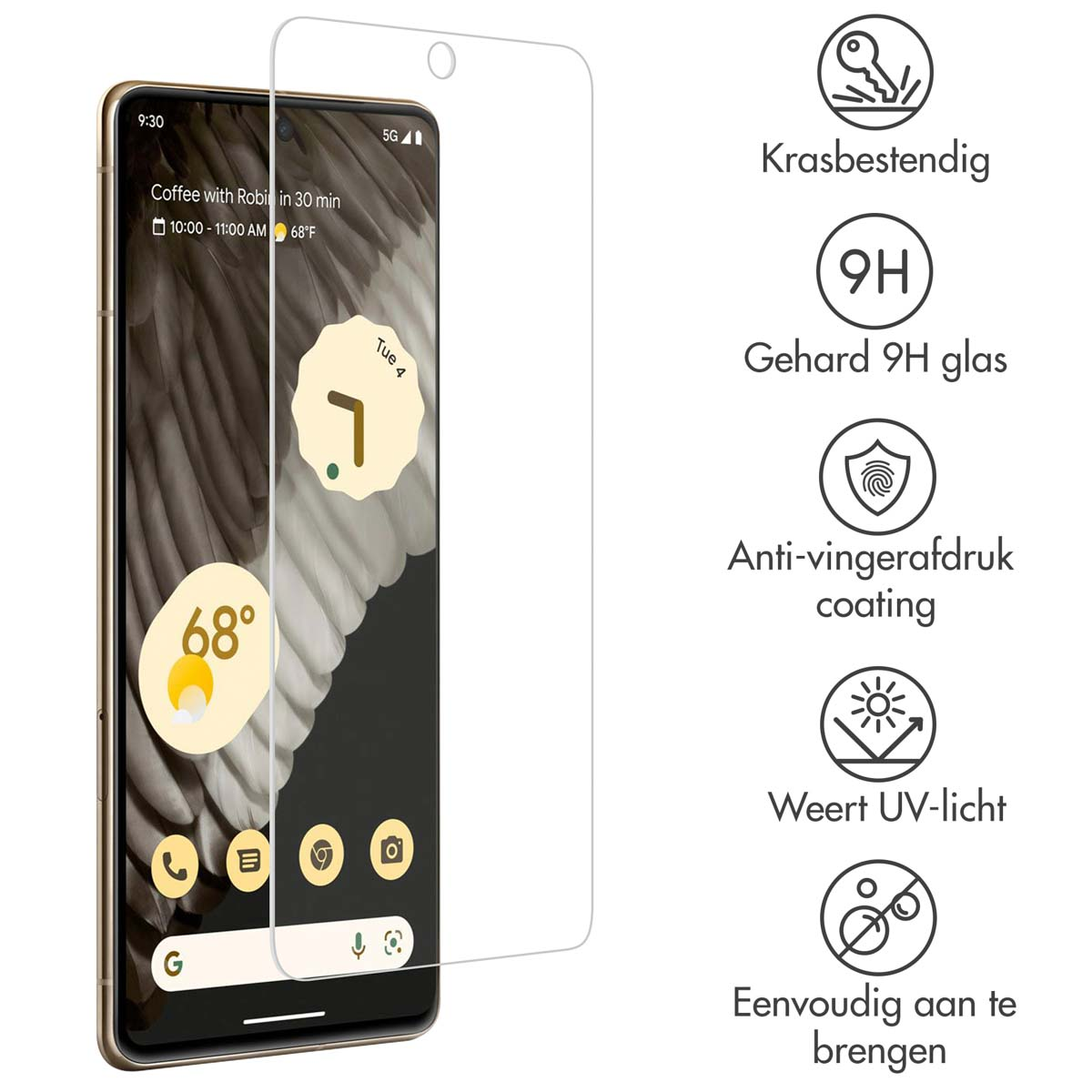 Een telefoon met een schermbeschermer, met pictogrammen en tijd weergegeven, met pictogrammen voor beschermende functies.