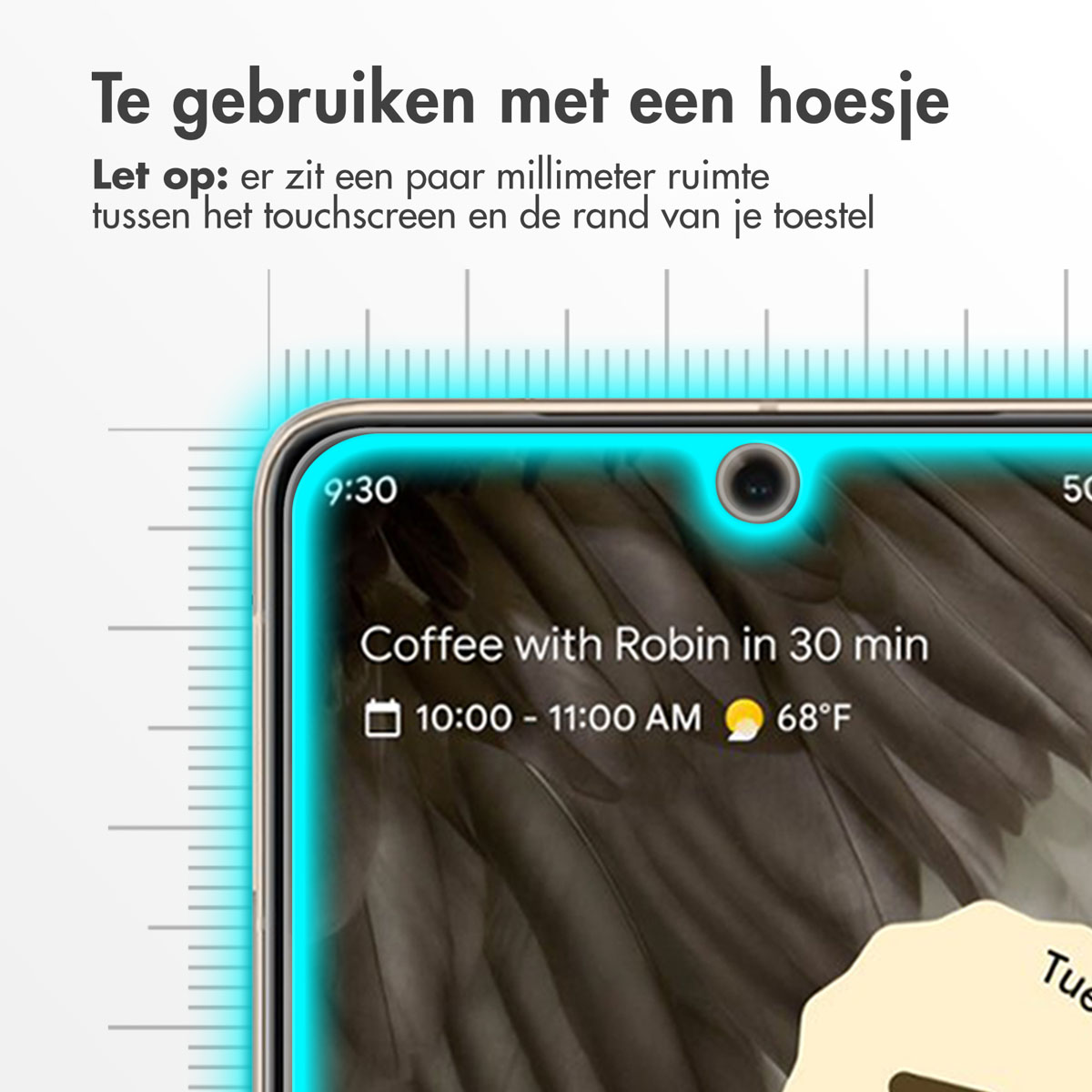 Een telefoonscherm toont de tijd en een agenda-item. Er zit een schermbeschermer op de telefoon.