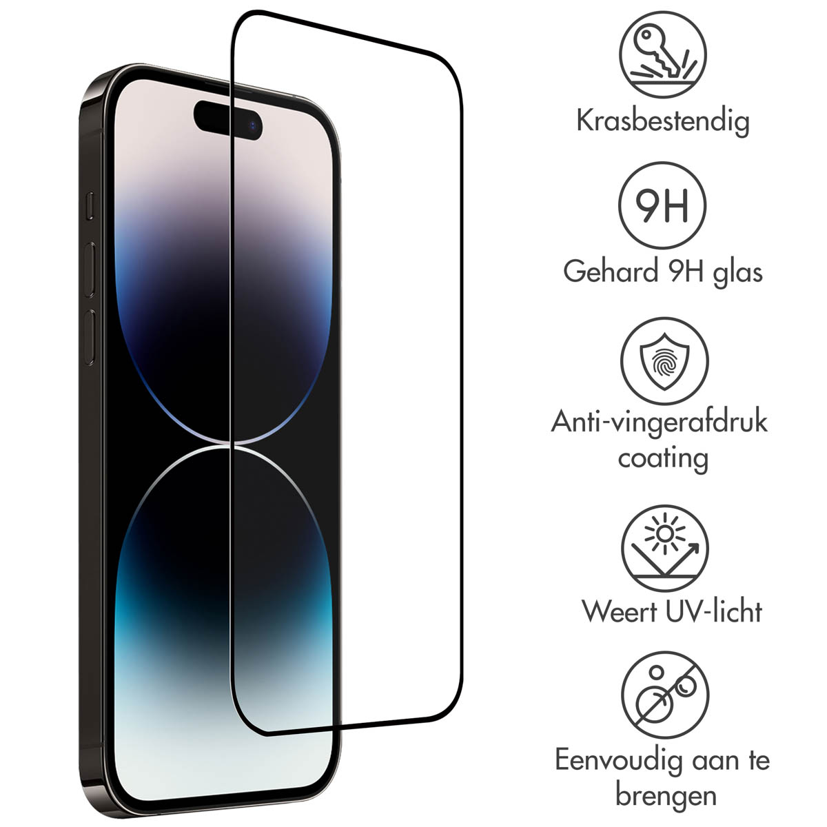 Telefoonschermbeschermer met telefoon, iconen. Kenmerken: krasbestendig, 9H glas, anti-vingerafdruk, UV-bescherming, en eenvoudig aan te brengen.