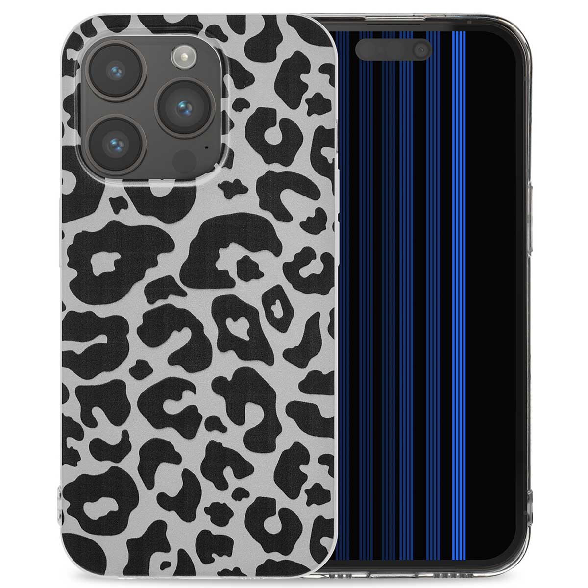 Hoesje met zwart-grijze luipaardprint. Het scherm toont blauwe verticale lijnen.