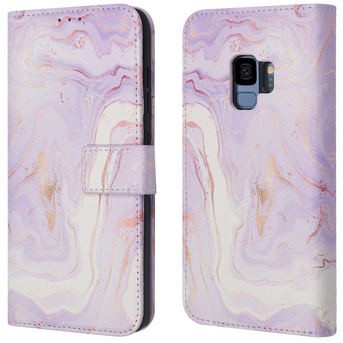 Telefoonhoesje met een paars marmer design. Opengeklapt, toont de telefoon en kaartsleuven.