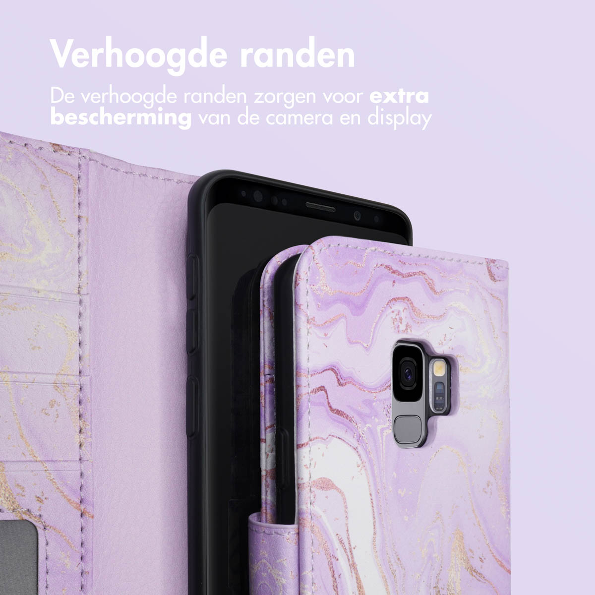 Paarse marmer telefoonhoes. Open, telefoon erin. Ontwerp met verhoogde randen. Goede kwaliteit.
