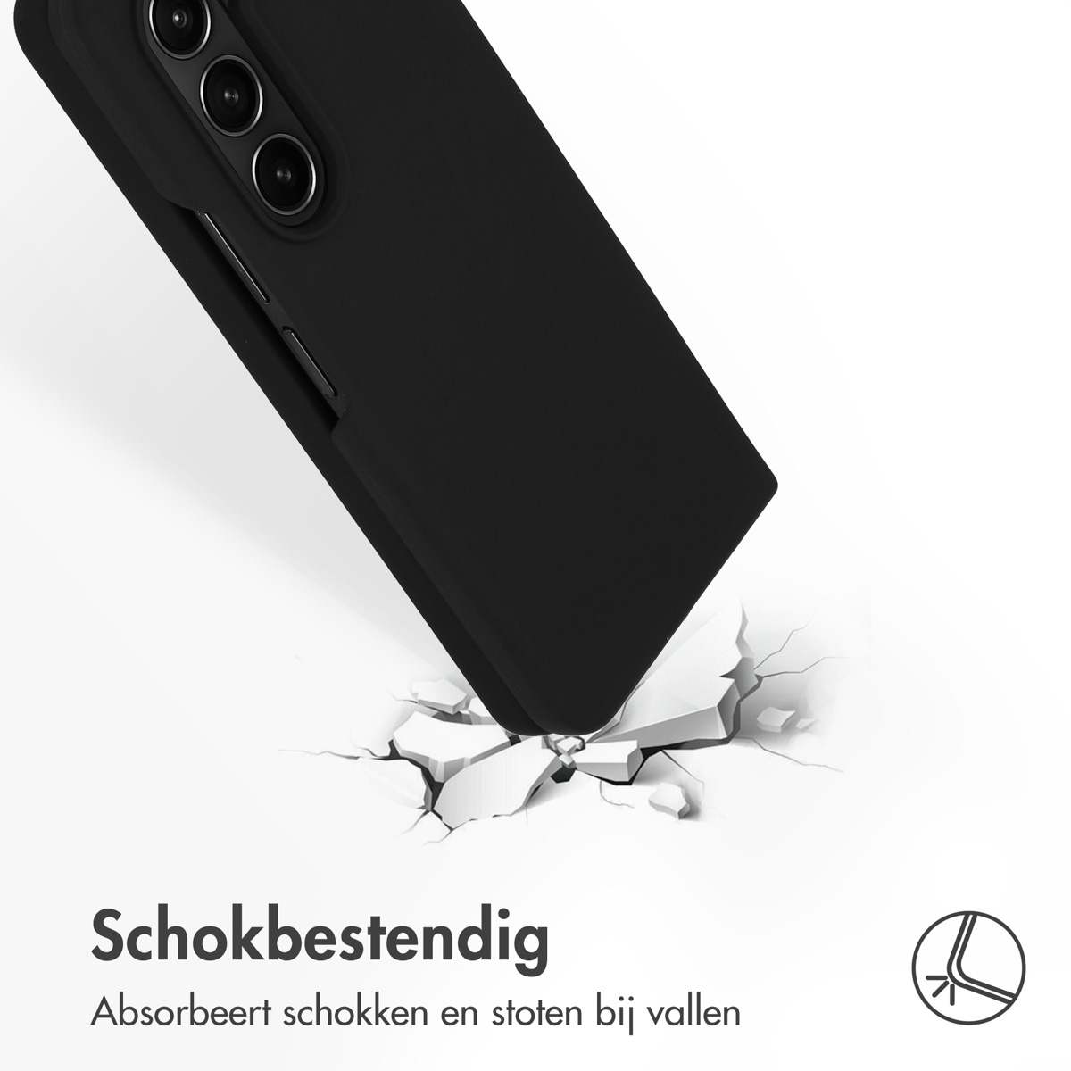 Ein Telefon fällt herunter, und eine weiße Oberfläche reißt am Aufprallpunkt. Das Telefon ist schwarz.