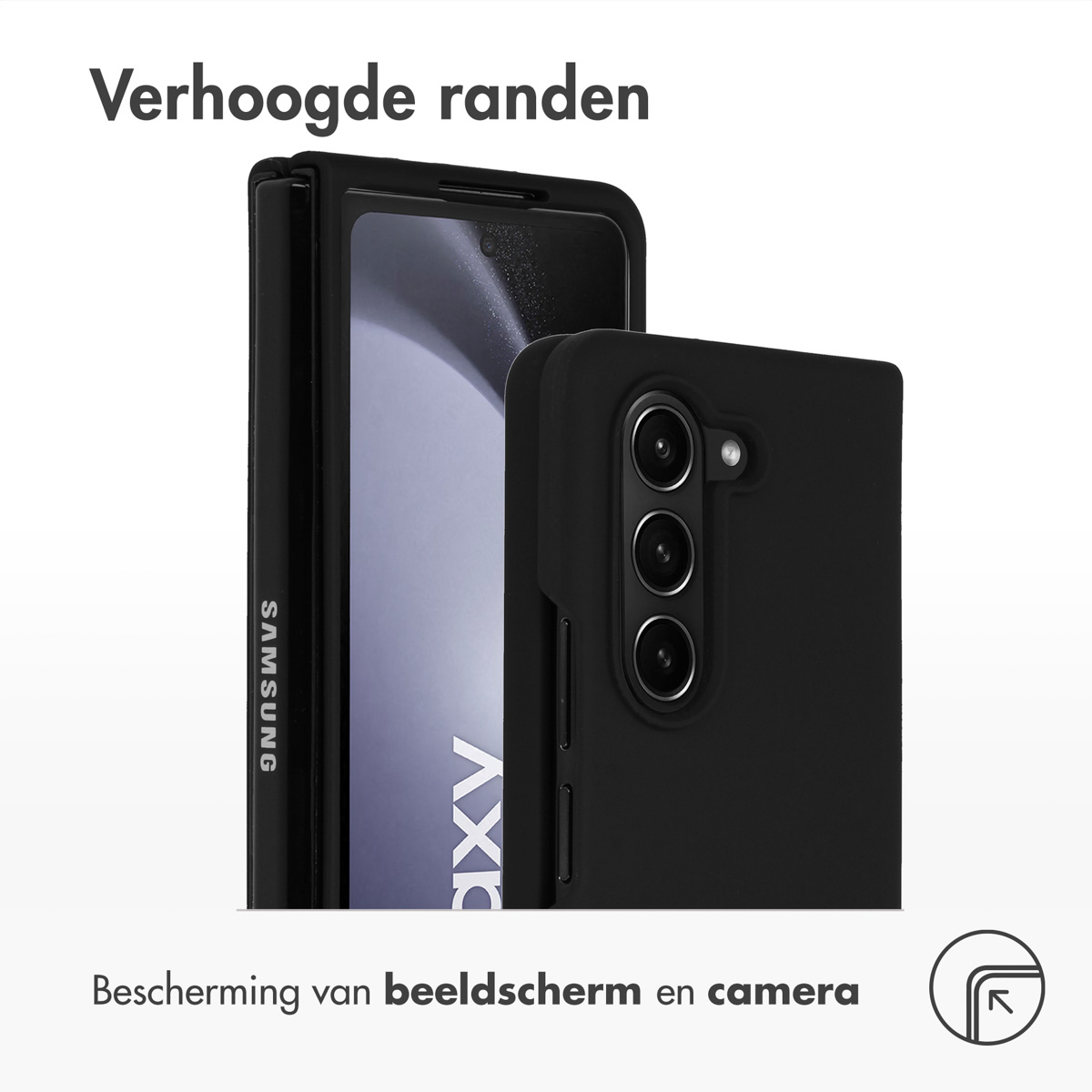 Schwarze Handyhülle, die ein Telefon schützt. Text: Schutz von Bildschirm und Kamera.