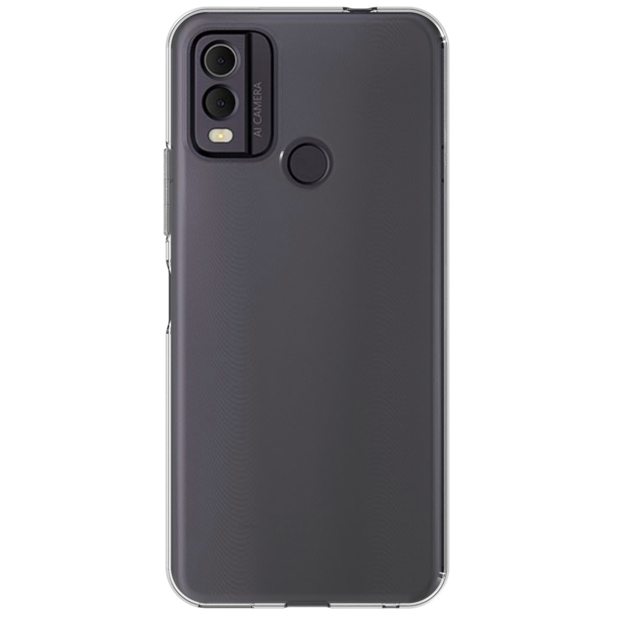 Custodia grigio scuro con due fotocamere sul retro. Su una superficie bianca.