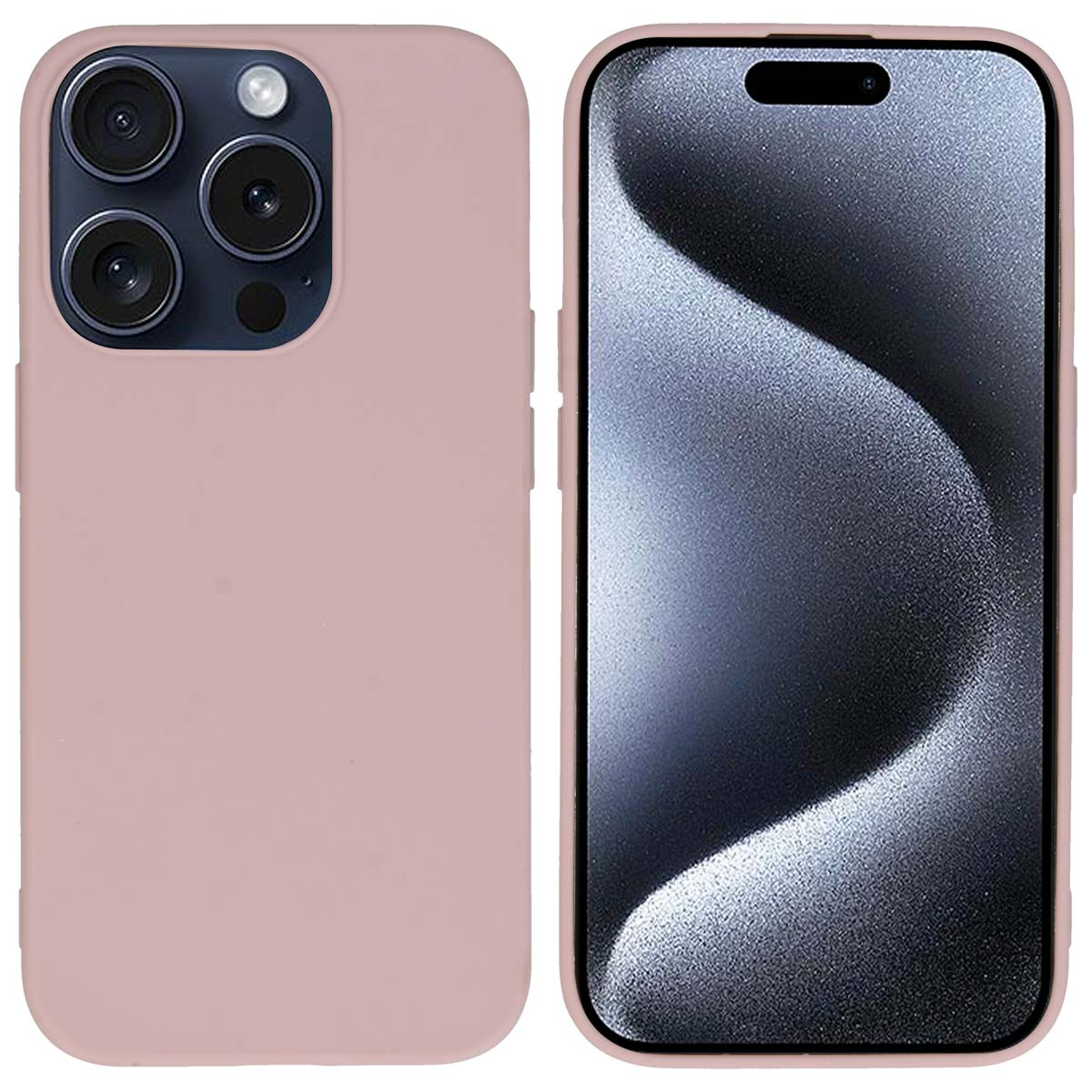 Een roze telefoonhoesje met een glad oppervlak, die de achterkant van een telefoon met de cameramodule laat zien.