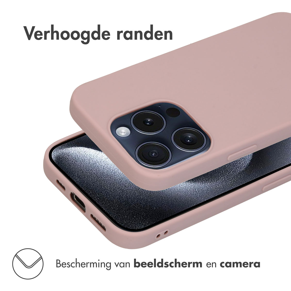 Een telefoon in een roze hoes, close-up op de cameramodule. De hoes heeft verhoogde randen om scherm en camera te beschermen.