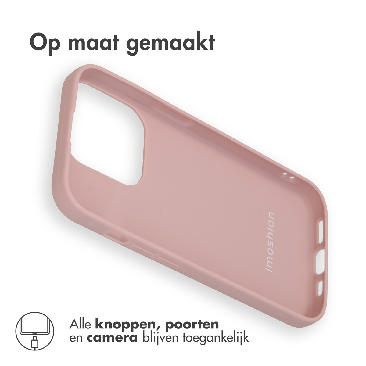 Een roze telefoonhoes, die de binnenkant laat zien met alle knoppen, poorten en camera toegankelijk.