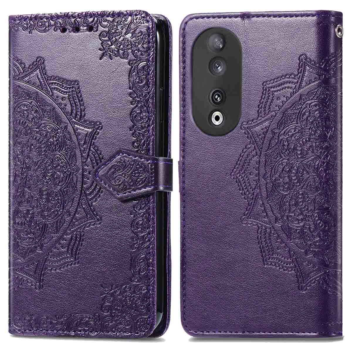 Custodia viola per telefono, chiusa e aperta. Con design mandala, chiusura e spazio per la fotocamera.