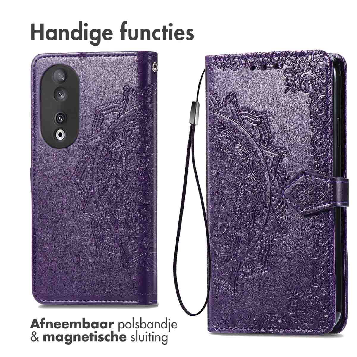 Custodia per telefono viola, con cinturino da polso e design floreale. Testo: 'cinturino da polso'.