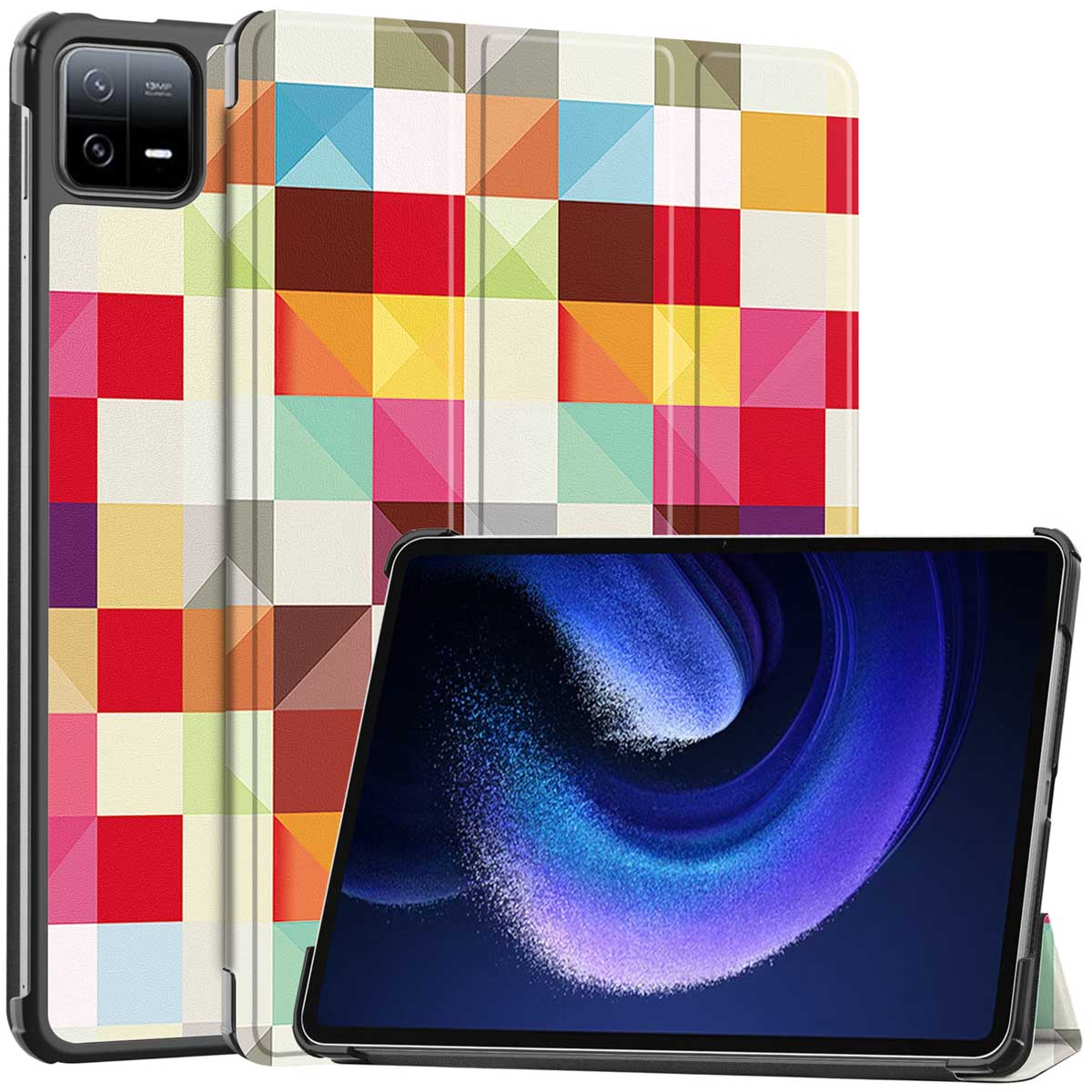 Tablet case, colorful checkered pattern, open, tablet inside. The tablet displays a blue design.