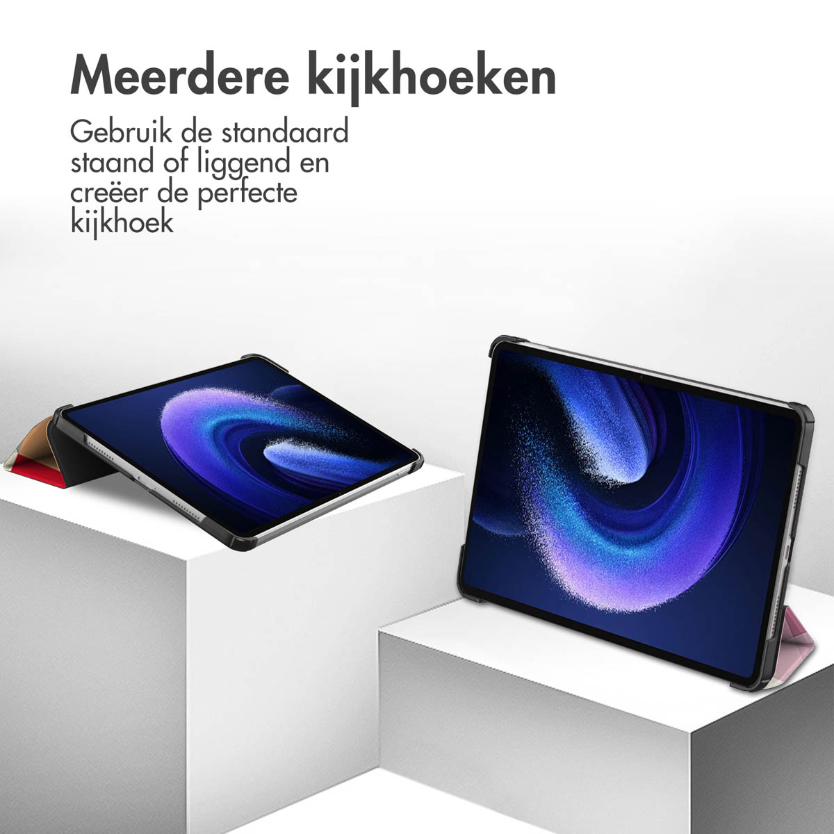Tablets on stands, showing different viewing angles. Text: Multiple viewing angles.