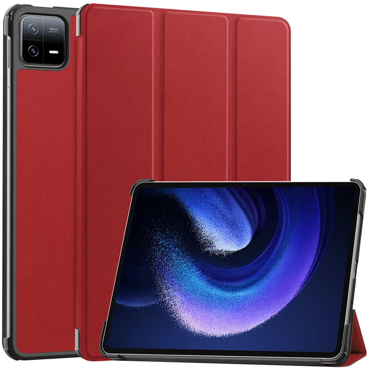 Image shows a tablet in a red case, with the case closed behind it. The tablet has a blue screen.