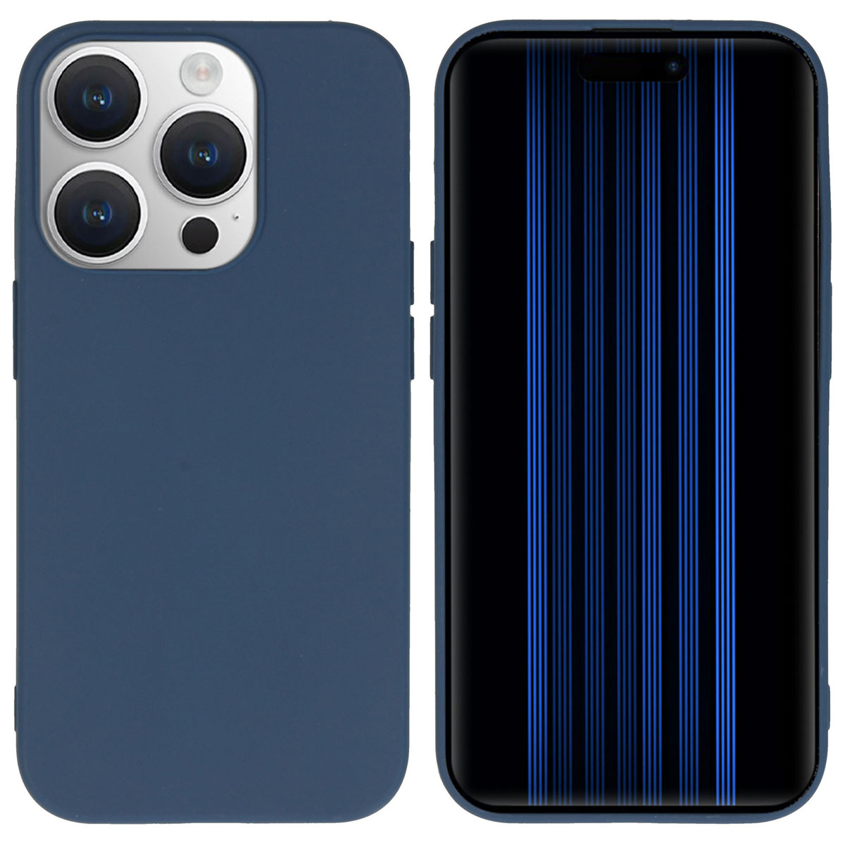 Blauwe telefoonhoes met een telefoon erin. De telefoon heeft een zwart scherm met blauwe lijnen.