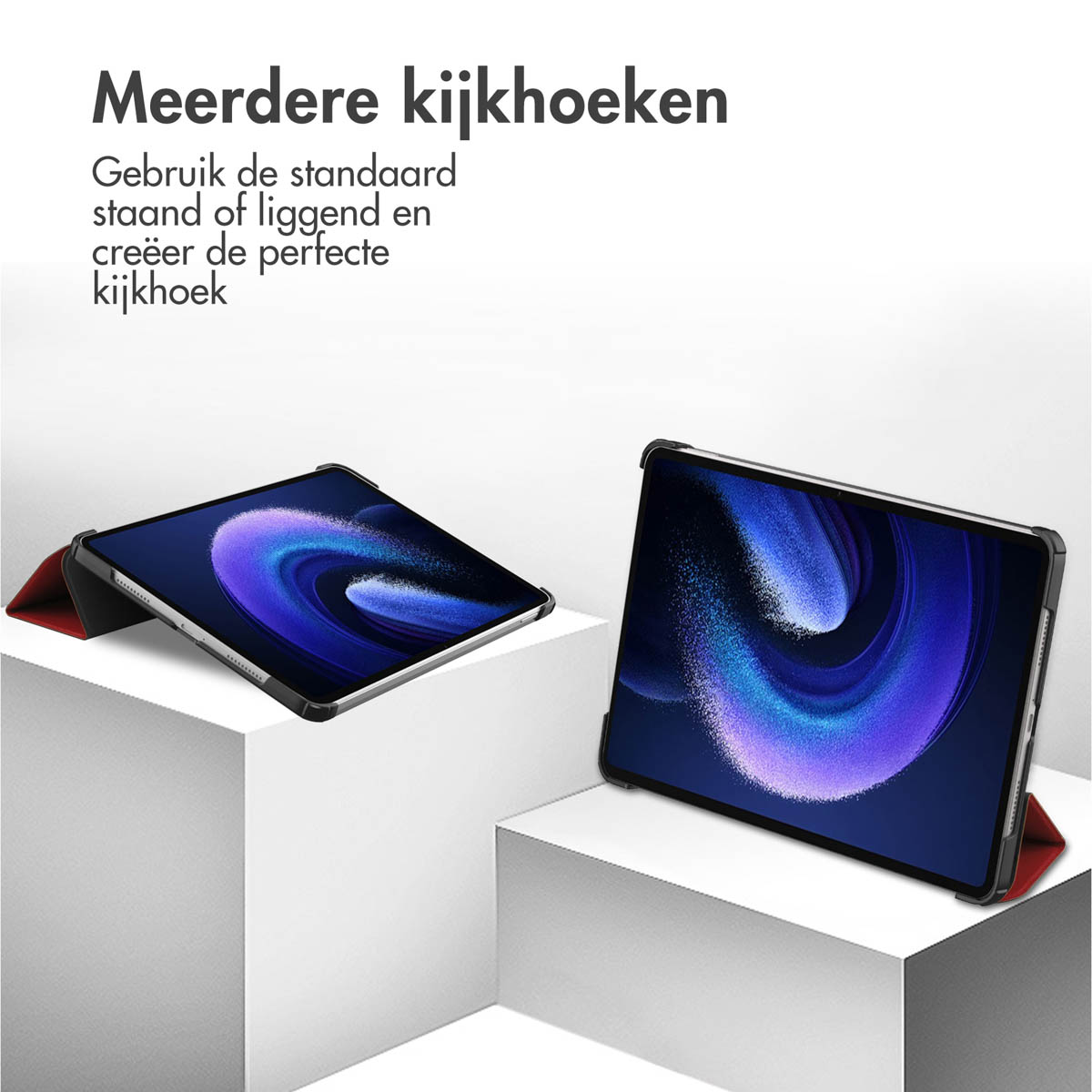 Two tablets displayed on a white surface. One in use.