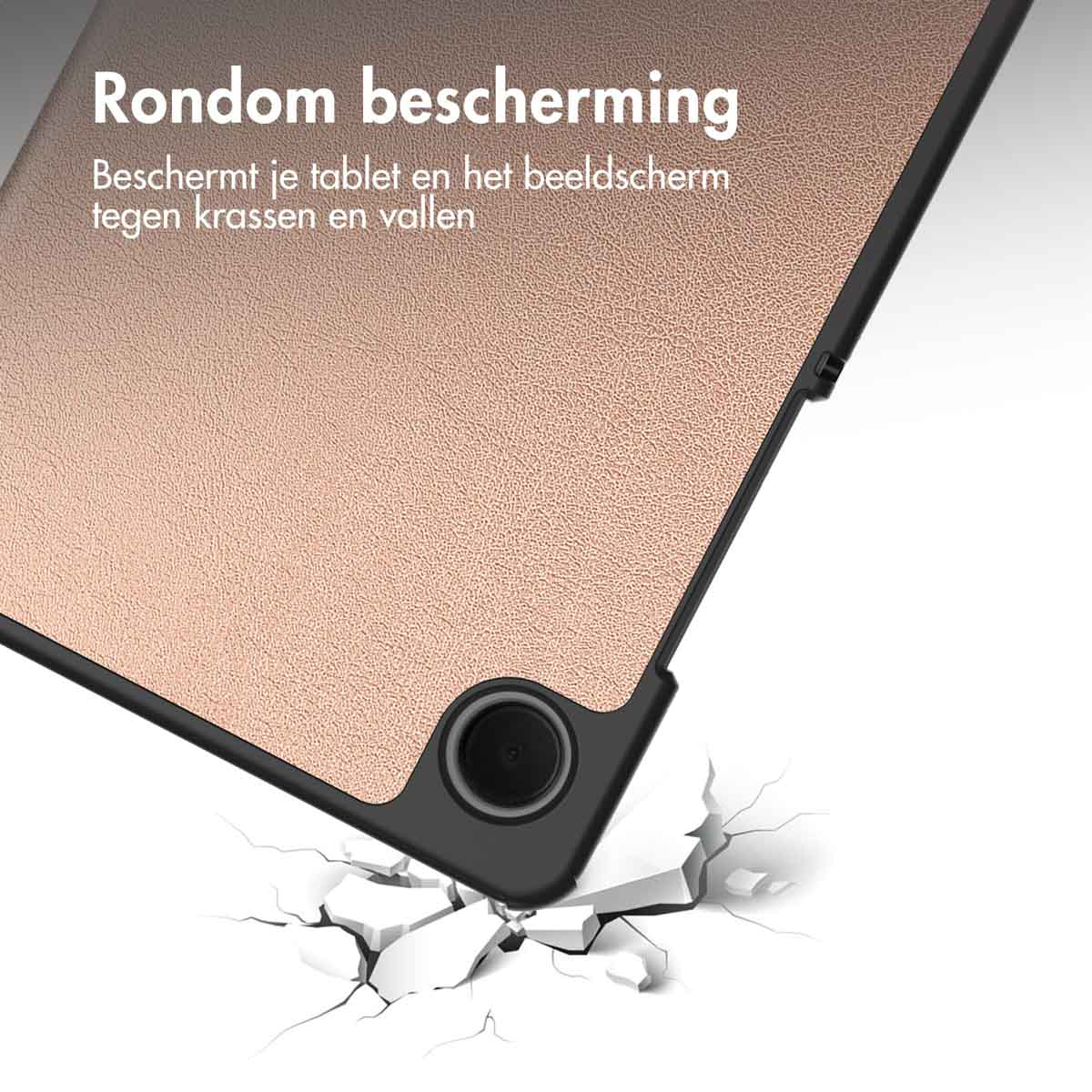 Tablet in Schutzhülle, mit Text über Schutz vor Kratzern und Stürzen.