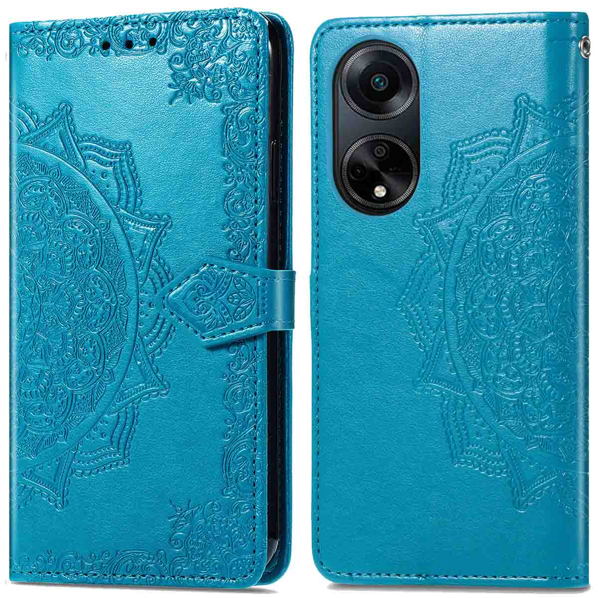 Étui de téléphone turquoise avec un motif mandala, ouvert, montrant un téléphone. L'étui couvre le téléphone.